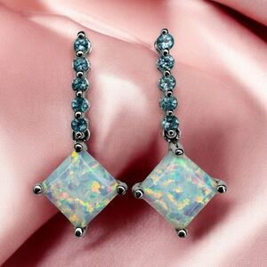 10K White Gold- Opal & Blue Topaz Dangle Earrings- 25mm Rainbow Earrings- 2g